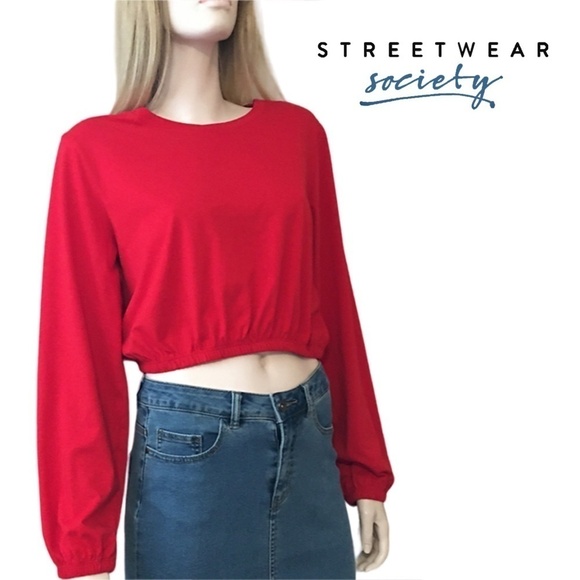 🌸 Streetwear SOCIETY Long Sleeve Crop Top Blouse Shirt Cotton Blend Oversized - Picture 1 of 12